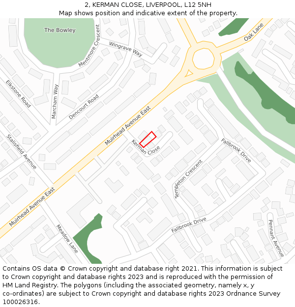 2, KERMAN CLOSE, LIVERPOOL, L12 5NH: Location map and indicative extent of plot