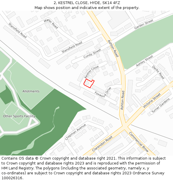 2, KESTREL CLOSE, HYDE, SK14 4FZ: Location map and indicative extent of plot