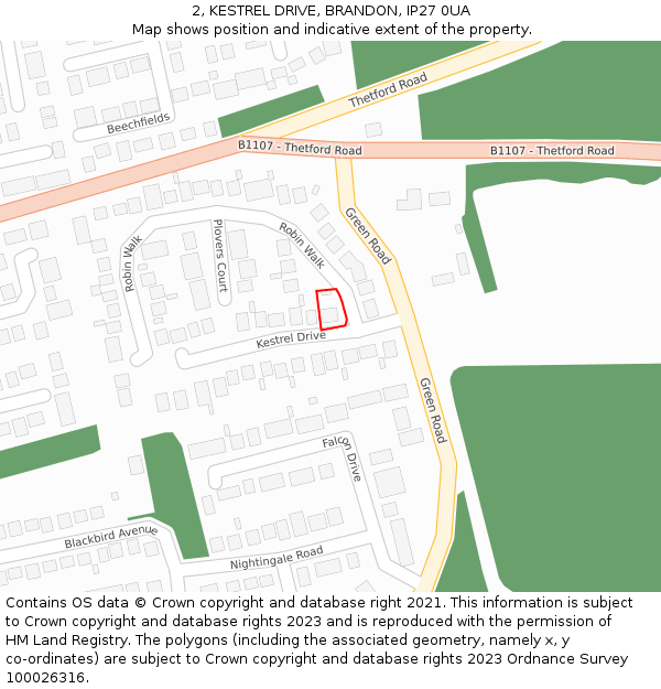 2, KESTREL DRIVE, BRANDON, IP27 0UA: Location map and indicative extent of plot