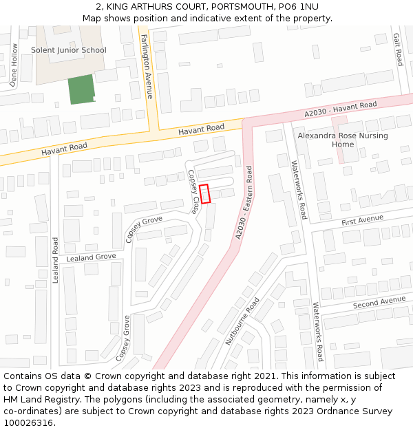 2, KING ARTHURS COURT, PORTSMOUTH, PO6 1NU: Location map and indicative extent of plot