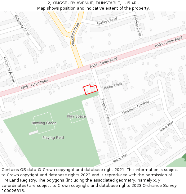 2, KINGSBURY AVENUE, DUNSTABLE, LU5 4PU: Location map and indicative extent of plot