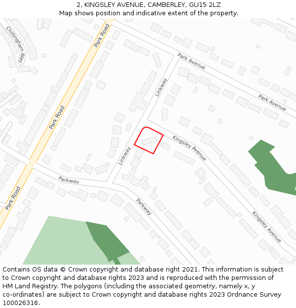 2, KINGSLEY AVENUE, CAMBERLEY, GU15 2LZ: Location map and indicative extent of plot