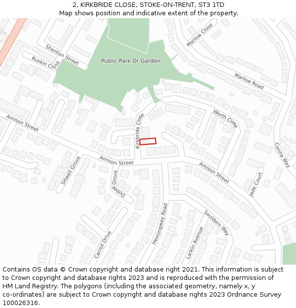 2, KIRKBRIDE CLOSE, STOKE-ON-TRENT, ST3 1TD: Location map and indicative extent of plot