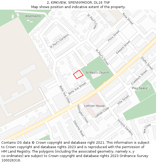 2, KIRKVIEW, SPENNYMOOR, DL16 7NF: Location map and indicative extent of plot