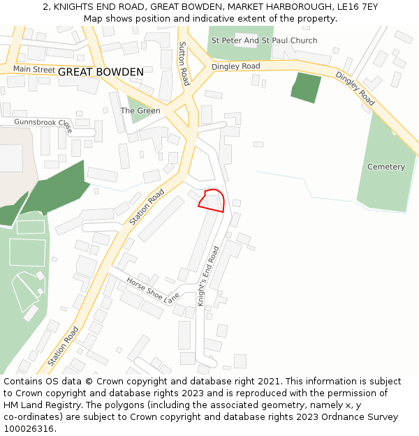 2, KNIGHTS END ROAD, GREAT BOWDEN, MARKET HARBOROUGH, LE16 7EY: Location map and indicative extent of plot