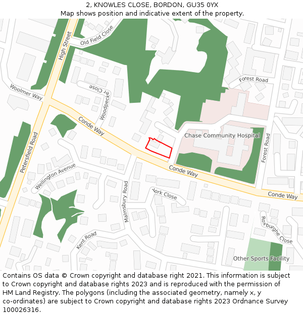 2, KNOWLES CLOSE, BORDON, GU35 0YX: Location map and indicative extent of plot