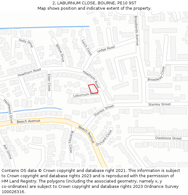 2, LABURNUM CLOSE, BOURNE, PE10 9ST: Location map and indicative extent of plot