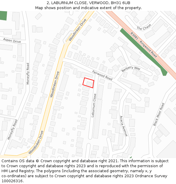2, LABURNUM CLOSE, VERWOOD, BH31 6UB: Location map and indicative extent of plot