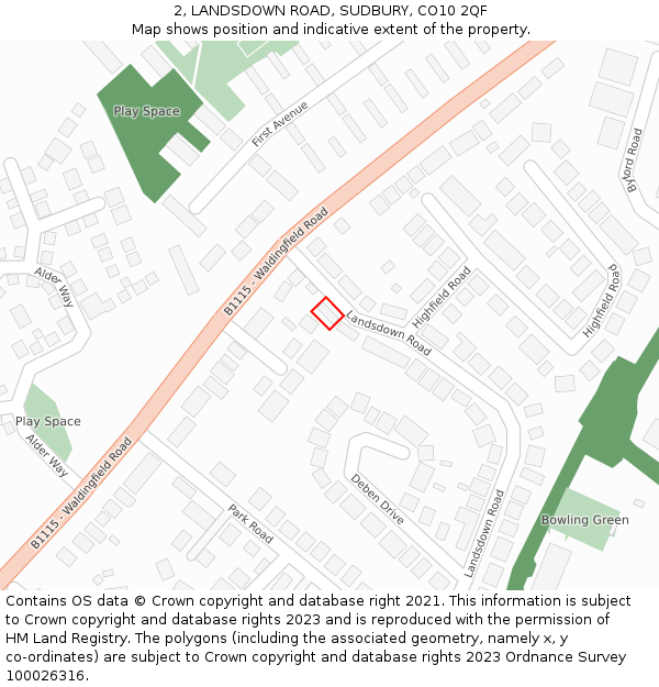 2, LANDSDOWN ROAD, SUDBURY, CO10 2QF: Location map and indicative extent of plot