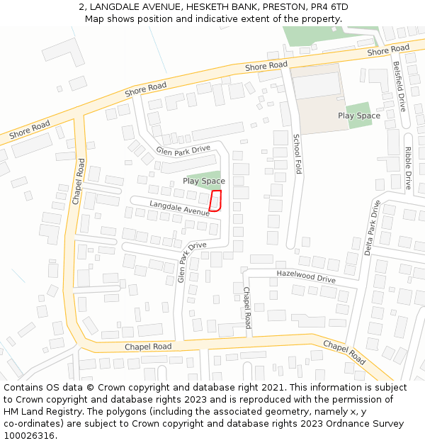 2, LANGDALE AVENUE, HESKETH BANK, PRESTON, PR4 6TD: Location map and indicative extent of plot