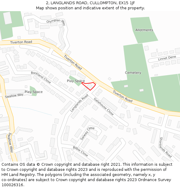 2, LANGLANDS ROAD, CULLOMPTON, EX15 1JF: Location map and indicative extent of plot