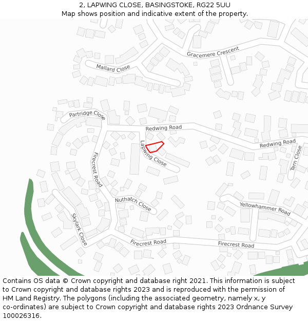 2, LAPWING CLOSE, BASINGSTOKE, RG22 5UU: Location map and indicative extent of plot