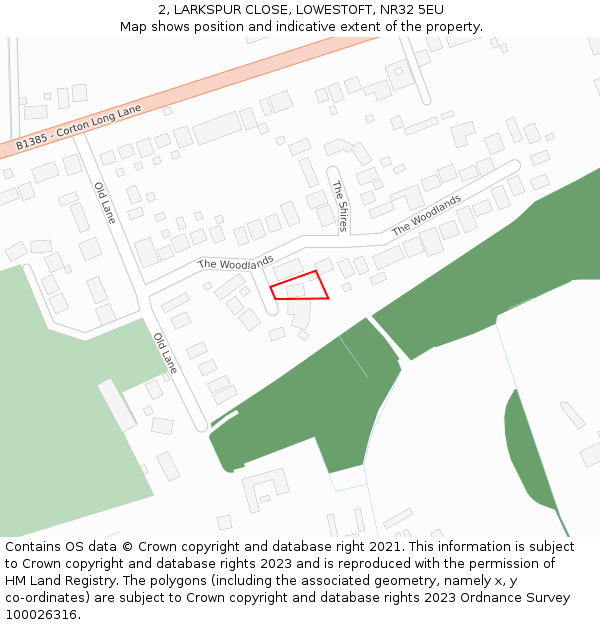 2, LARKSPUR CLOSE, LOWESTOFT, NR32 5EU: Location map and indicative extent of plot