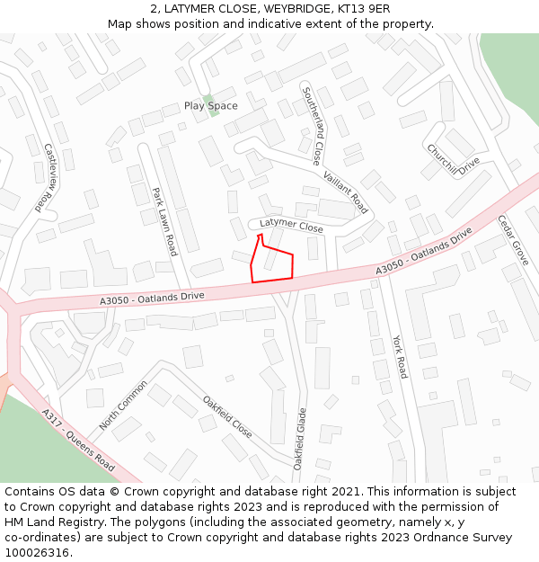 2, LATYMER CLOSE, WEYBRIDGE, KT13 9ER: Location map and indicative extent of plot