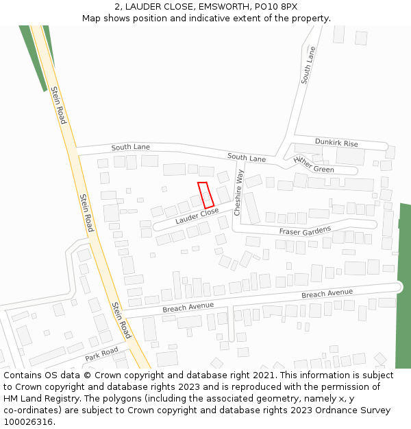 2, LAUDER CLOSE, EMSWORTH, PO10 8PX: Location map and indicative extent of plot