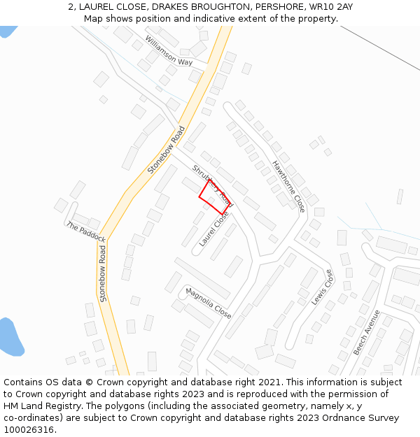 2, LAUREL CLOSE, DRAKES BROUGHTON, PERSHORE, WR10 2AY: Location map and indicative extent of plot