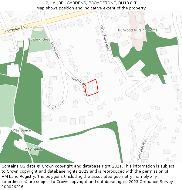 2, LAUREL GARDENS, BROADSTONE, BH18 8LT: Location map and indicative extent of plot