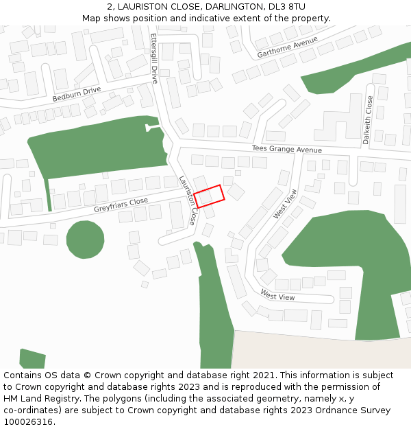 2, LAURISTON CLOSE, DARLINGTON, DL3 8TU: Location map and indicative extent of plot