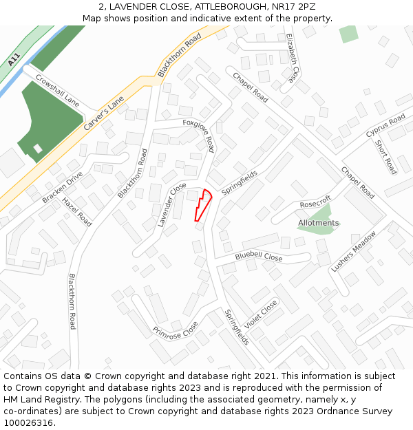 2, LAVENDER CLOSE, ATTLEBOROUGH, NR17 2PZ: Location map and indicative extent of plot