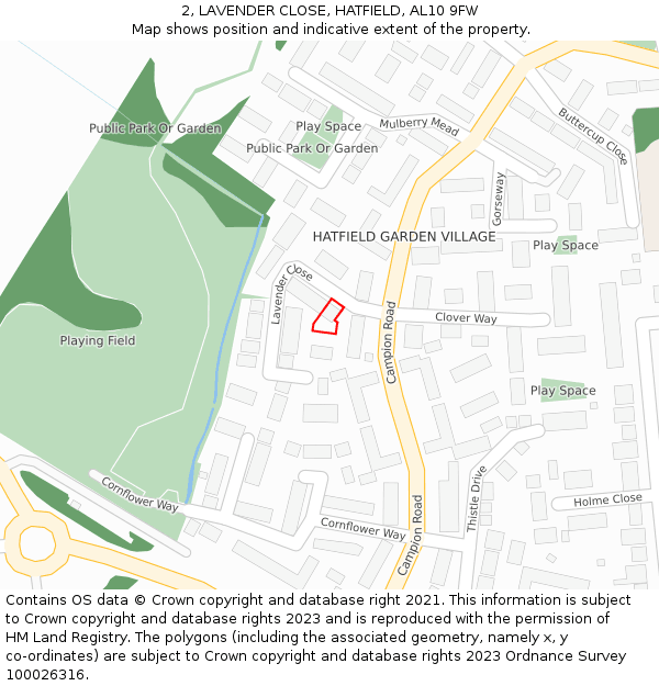 2, LAVENDER CLOSE, HATFIELD, AL10 9FW: Location map and indicative extent of plot