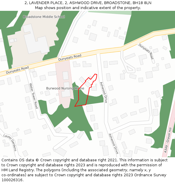 2, LAVENDER PLACE, 2, ASHWOOD DRIVE, BROADSTONE, BH18 8LN: Location map and indicative extent of plot