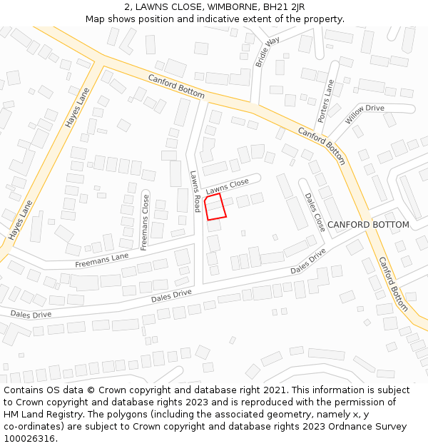 2, LAWNS CLOSE, WIMBORNE, BH21 2JR: Location map and indicative extent of plot