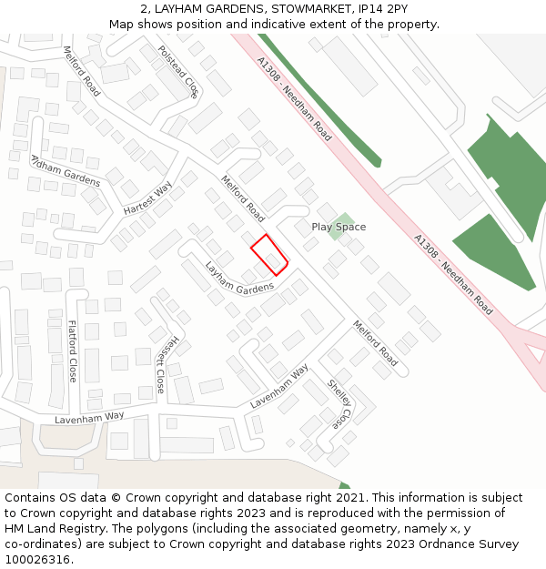 2, LAYHAM GARDENS, STOWMARKET, IP14 2PY: Location map and indicative extent of plot