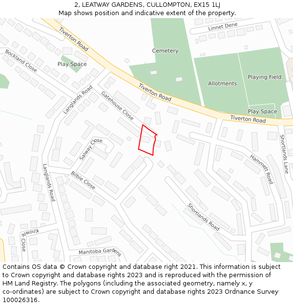 2, LEATWAY GARDENS, CULLOMPTON, EX15 1LJ: Location map and indicative extent of plot