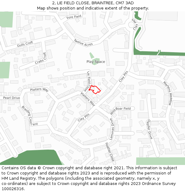 2, LIE FIELD CLOSE, BRAINTREE, CM7 3AD: Location map and indicative extent of plot