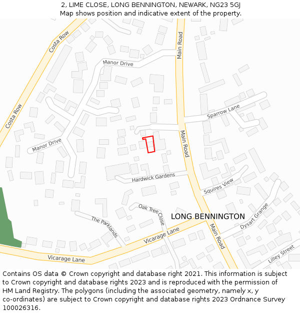 2, LIME CLOSE, LONG BENNINGTON, NEWARK, NG23 5GJ: Location map and indicative extent of plot