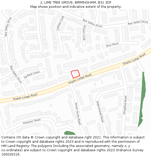 2, LIME TREE GROVE, BIRMINGHAM, B31 3DF: Location map and indicative extent of plot