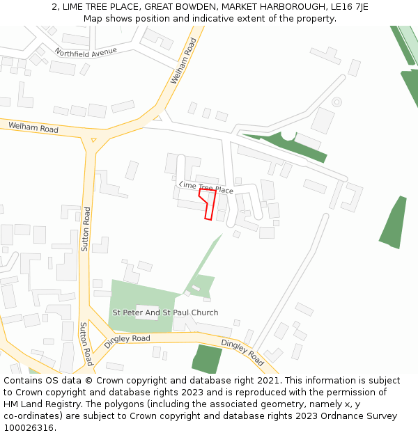 2, LIME TREE PLACE, GREAT BOWDEN, MARKET HARBOROUGH, LE16 7JE: Location map and indicative extent of plot