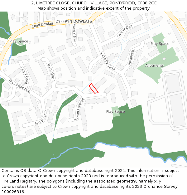 2, LIMETREE CLOSE, CHURCH VILLAGE, PONTYPRIDD, CF38 2GE: Location map and indicative extent of plot