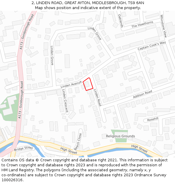 2, LINDEN ROAD, GREAT AYTON, MIDDLESBROUGH, TS9 6AN: Location map and indicative extent of plot