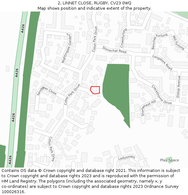 2, LINNET CLOSE, RUGBY, CV23 0WQ: Location map and indicative extent of plot