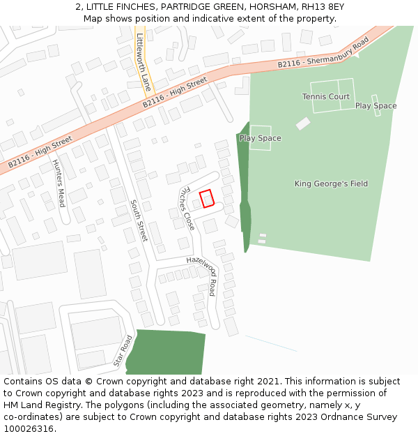 2, LITTLE FINCHES, PARTRIDGE GREEN, HORSHAM, RH13 8EY: Location map and indicative extent of plot