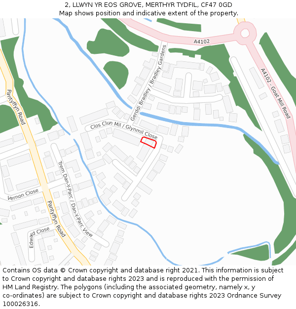 2, LLWYN YR EOS GROVE, MERTHYR TYDFIL, CF47 0GD: Location map and indicative extent of plot