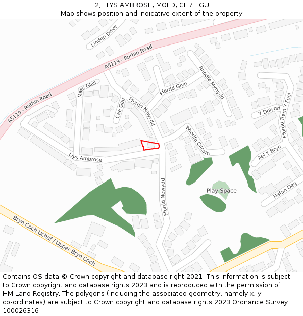 2, LLYS AMBROSE, MOLD, CH7 1GU: Location map and indicative extent of plot