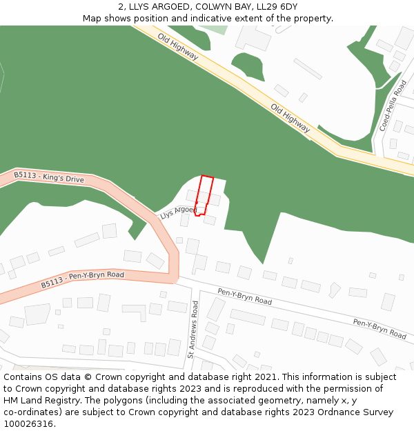 2, LLYS ARGOED, COLWYN BAY, LL29 6DY: Location map and indicative extent of plot