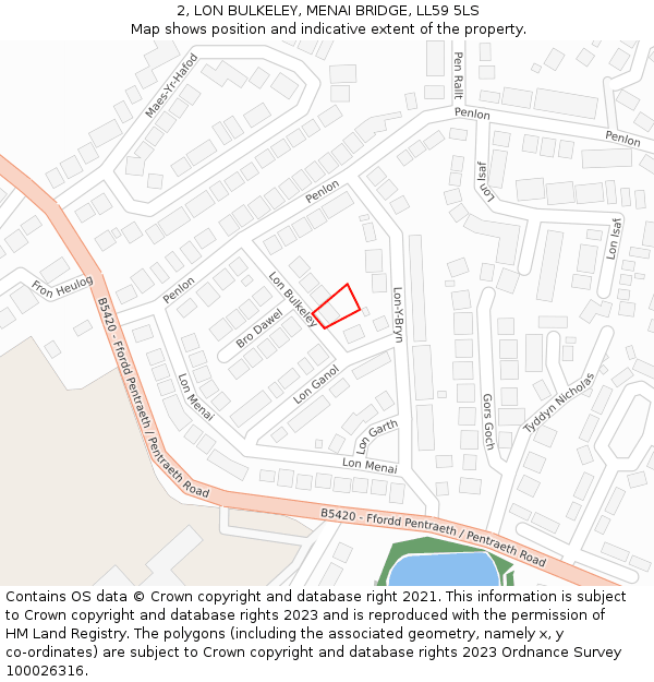 2, LON BULKELEY, MENAI BRIDGE, LL59 5LS: Location map and indicative extent of plot