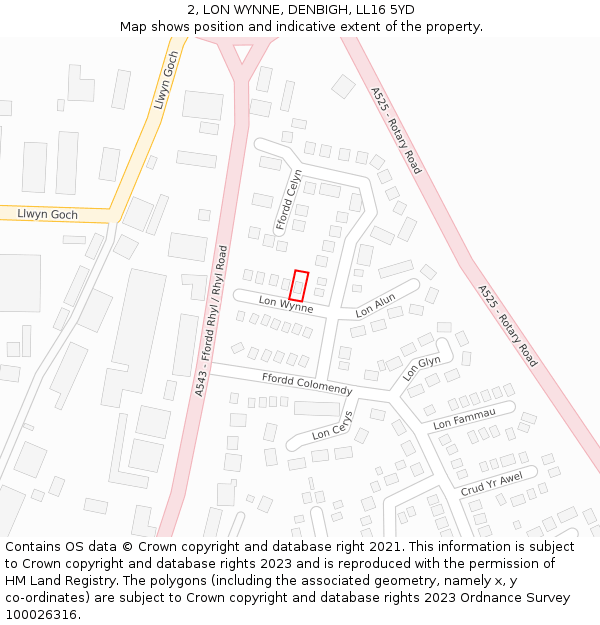 2, LON WYNNE, DENBIGH, LL16 5YD: Location map and indicative extent of plot