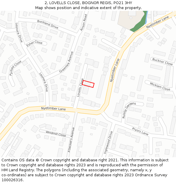 2, LOVELLS CLOSE, BOGNOR REGIS, PO21 3HY: Location map and indicative extent of plot