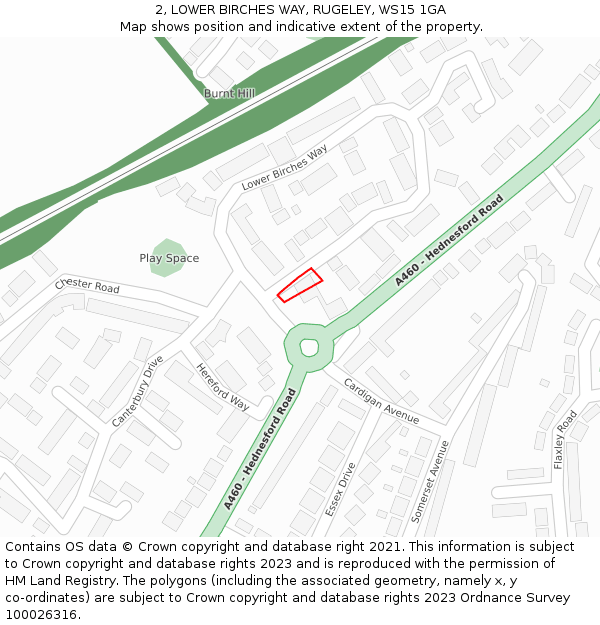 2, LOWER BIRCHES WAY, RUGELEY, WS15 1GA: Location map and indicative extent of plot