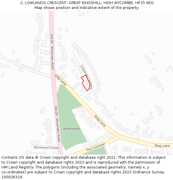 2, LOWLANDS CRESCENT, GREAT KINGSHILL, HIGH WYCOMBE, HP15 6EG: Location map and indicative extent of plot