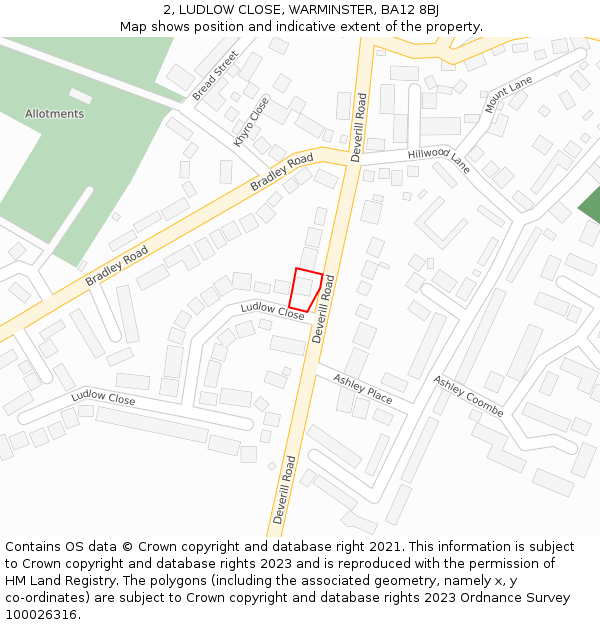 2, LUDLOW CLOSE, WARMINSTER, BA12 8BJ: Location map and indicative extent of plot