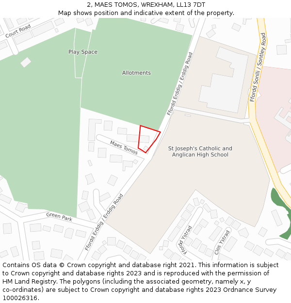 2, MAES TOMOS, WREXHAM, LL13 7DT: Location map and indicative extent of plot