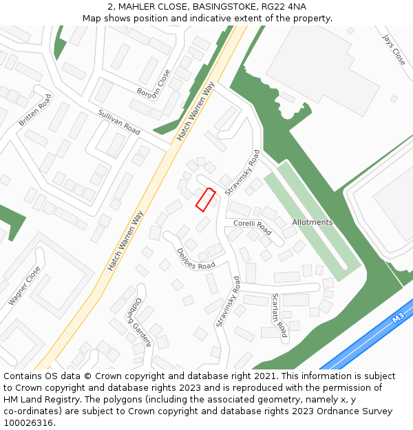 2, MAHLER CLOSE, BASINGSTOKE, RG22 4NA: Location map and indicative extent of plot