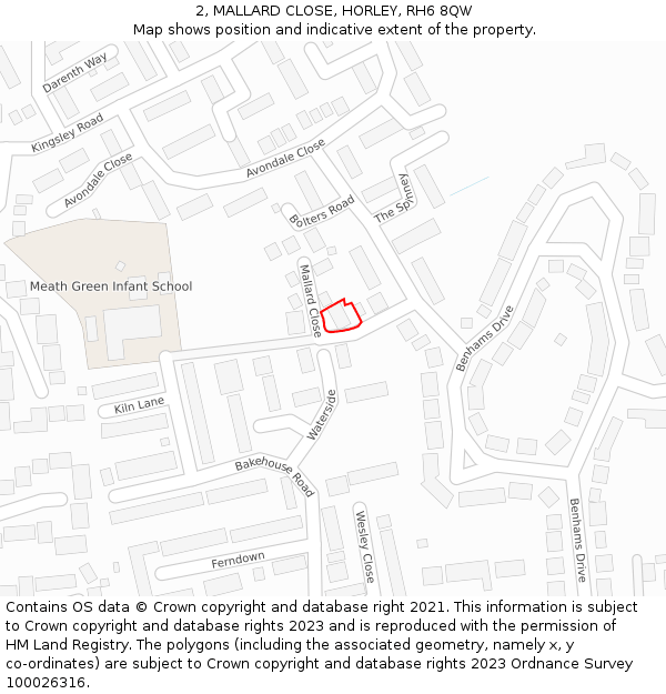 2, MALLARD CLOSE, HORLEY, RH6 8QW: Location map and indicative extent of plot