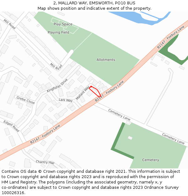 2, MALLARD WAY, EMSWORTH, PO10 8US: Location map and indicative extent of plot