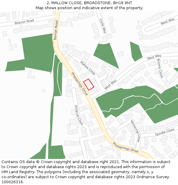 2, MALLOW CLOSE, BROADSTONE, BH18 9NT: Location map and indicative extent of plot